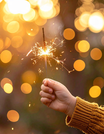 Child's hand holding sparkler on bokeh background, closeupの素材