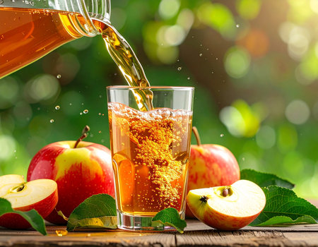 Apple juice in a glass and fresh apples on wooden table on nature backgroundの素材