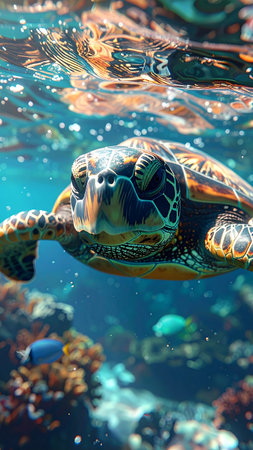 Green sea turtle swimming in the deep blue sea, close-upの素材