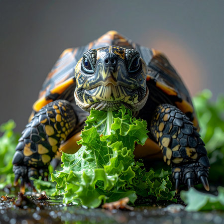 Close up of a tortoise eating lettuce leaves on a dark backgroundの素材