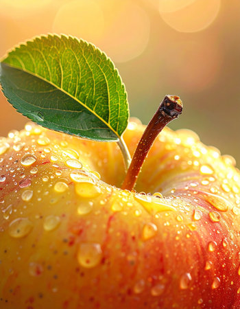 Close up of wet red apple with green leaf and dew dropsの素材