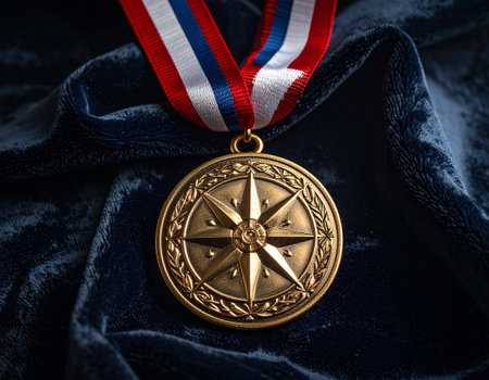 Gold medal with red ribbon on a blue velvet background, close upの素材