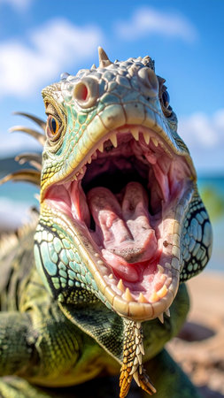 Close up of a green iguana with open mouth on the beachの素材
