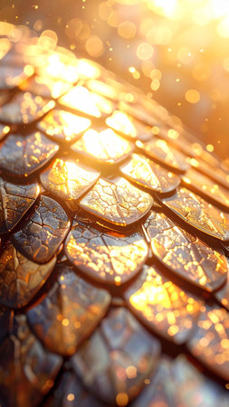 Close-up of golden snake skin texture background with light bokehの素材