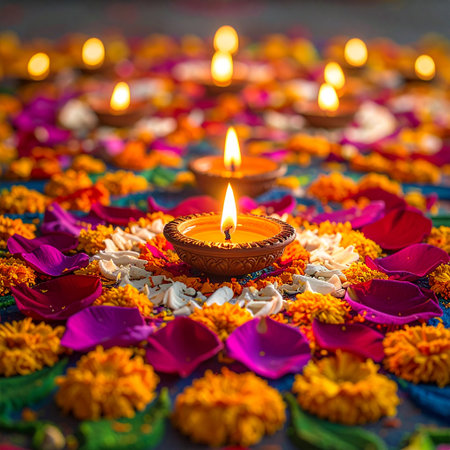 Indian festival Diwali, Diya oil lamps lit on colorful rangoli. Happy Deepavali. Copy space for text.の素材