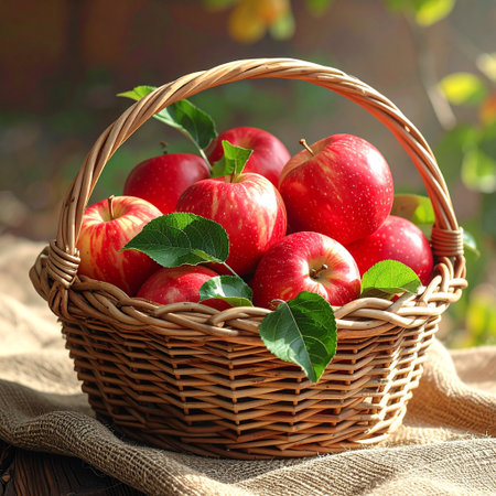 Ripe red apples in a wicker basket on a wooden tableの素材