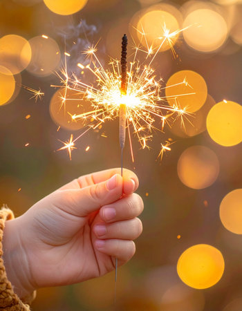 Child's hand holding a sparkler on bokeh background.の素材