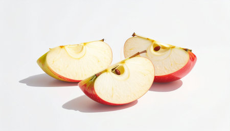 Red apple sliced in half on white background. Healthy food concept.の素材