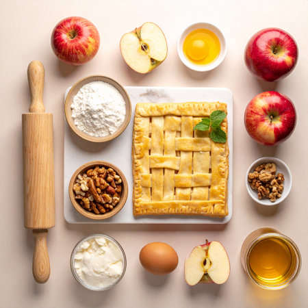 Composition with tasty apple pie and ingredients on light background, top viewの素材