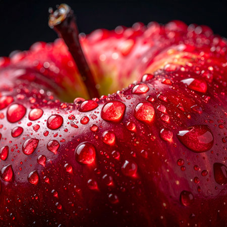 Red apple with water drops on a black background. Close-up.の素材