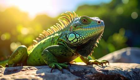 Green iguana sitting on a rock in the sunlight. Close up.の素材