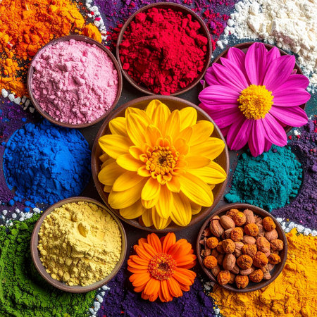 Colorful holi powder in bowls and flowers. Top view.の素材