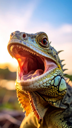 Close-up of a green iguana with open mouth in the sunset lightの素材