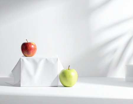 White paper box with apples on a white table. 3d renderingの素材