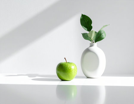 Green apple and white vase on white background with shadow from the windowの素材