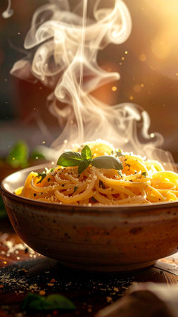 Spaghetti with basil and parmesan in a bowl on a wooden tableの素材