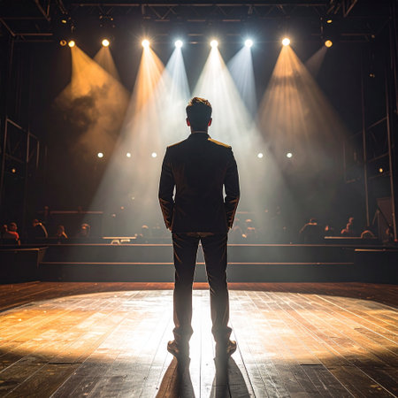 Rear view of a young man standing in front of stage lightsの素材