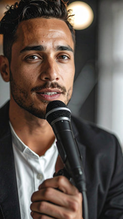 Close up portrait of a young man in suit holding a microphone.の素材