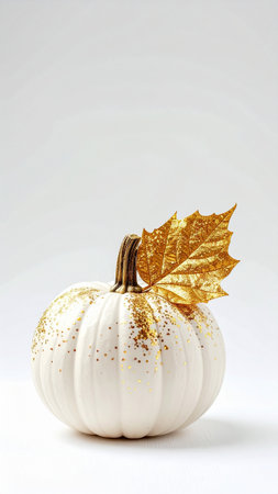 Pumpkin with golden leaf on white background. Halloween decoration.の素材