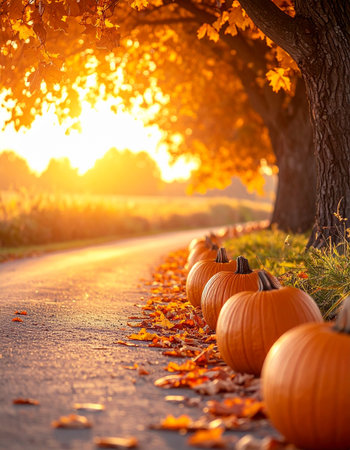 Autumn landscape with row of pumpkins on the road at sunsetの素材