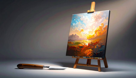 Easel with painting and knife on grey background. 3D renderingの素材