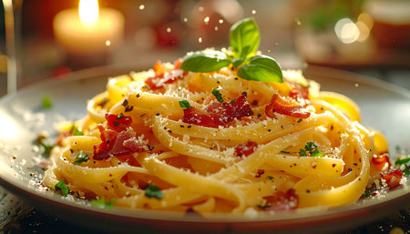 Pasta Carbonara with bacon, parmesan cheese and herbsの素材