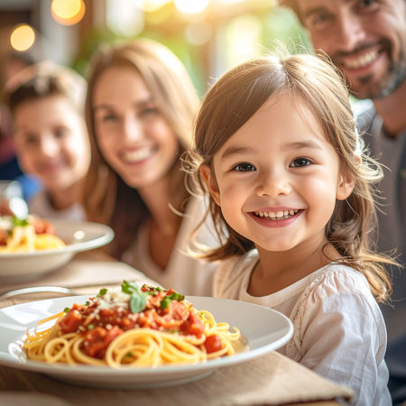 Portrait of smiling little girl with spaghetti and her parents at restaurantの素材