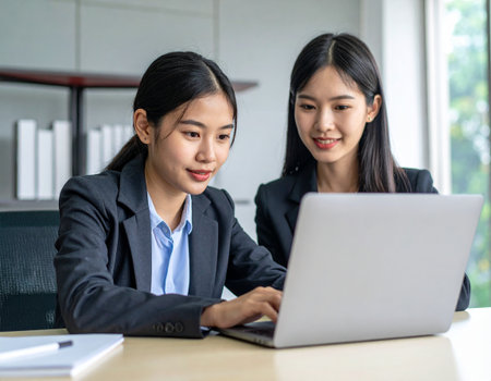 Two asian businesswomen working with laptop computer in office room.の素材