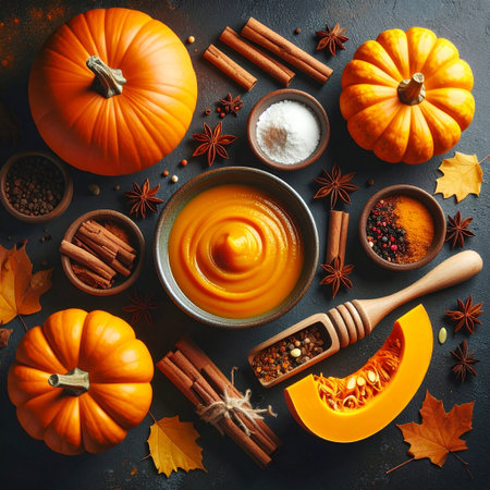 Pumpkin soup with spices and ingredients on dark background, top viewの素材