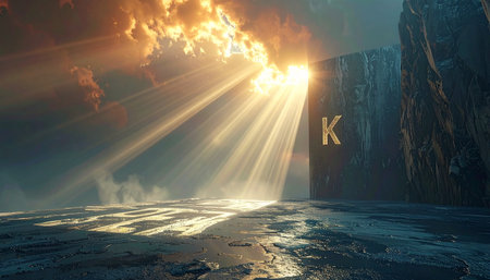 3d illustration of a letter K in front of a sunset skyの素材