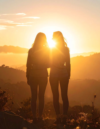 Two young women stand on top of a mountain and look at the sunsetの素材