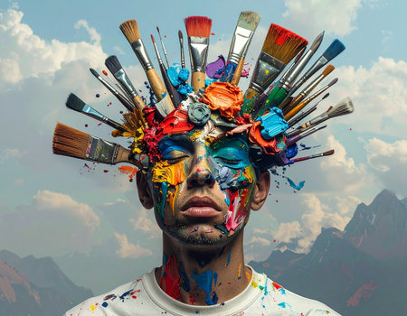 Artistic portrait of a young man with paint brushes on his faceの素材