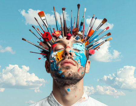 Artistic portrait of a young artist with paint brushes on his headの素材