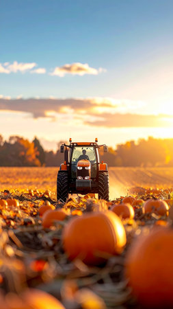 Tractor preparing for harvest on a field with pumpkins at sunsetの素材