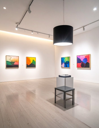 interior of modern art gallery with painting on wall, stock photoの素材