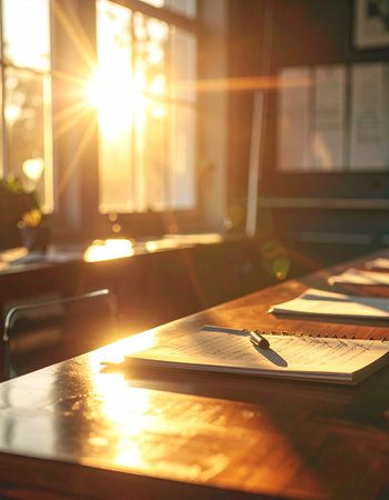 Open book and pen on wooden table in coffee shop with sun raysの素材