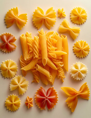 Variety of types and shapes of Italian pasta. Dry pasta backgroundの素材
