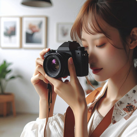 Young asian woman holding a camera in her hands and taking photosの素材
