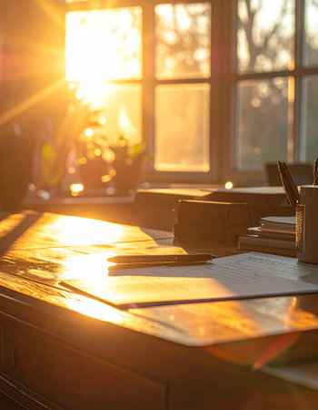 Wooden table with laptop and coffee cup in the office at sunsetの素材