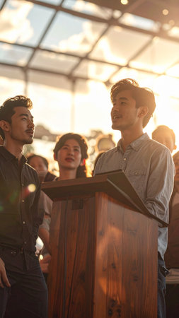 Group of young businesspeople listening to a speaker at a conference hallの素材