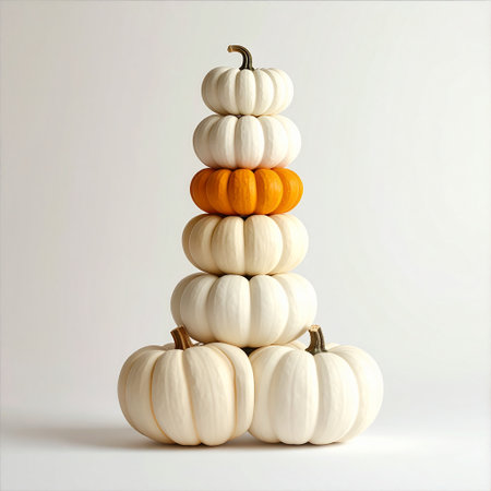 White and orange pumpkins arranged in a pyramid on a white backgroundの素材