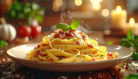 Spaghetti carbonara with tomato sauce and grated parmesanの素材