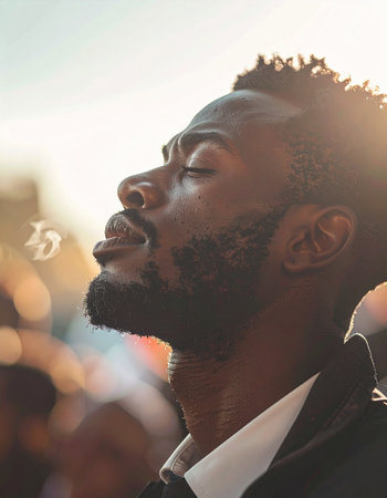 Side view of african american man with closed eyes looking away at sunsetの素材