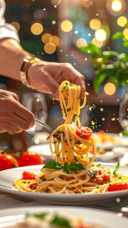 Chef decorating spaghetti with tomato sauce and basil, closeupの素材
