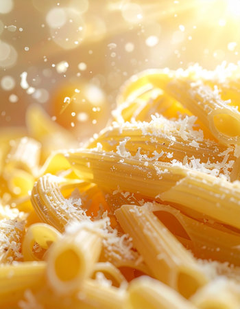 Close up of italian pasta with splashes of parmesan cheeseの素材