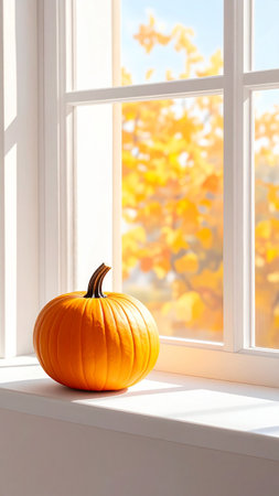 Pumpkin on the windowsill with autumnal leaves in the backgroundの素材
