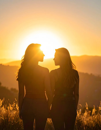Two young women looking at each other and holding hands in sunset lightの素材