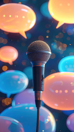 Microphone and bubbles on a dark background. 3d rendering.の素材