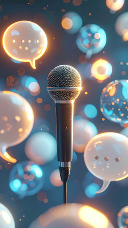 Microphone and bubbles on a dark background. 3d rendering.の素材