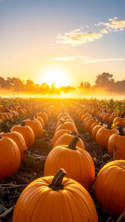 Pumpkin patch on sunny Autumn day. Colorful autumn landscape.の素材